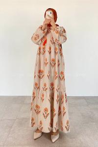 Orange Foulard Neck Cotton Printed Dresess