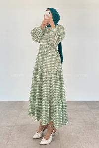 Modalamelif Balon Kol Ekose Elbise Çağla Yeşili