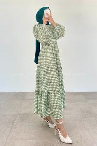 Modalamelif Balon Kol Ekose Elbise Çağla Yeşili