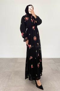 Black-1 Mandarin Collar Cotton Printed Dresess