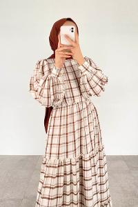 Brown Striped Crew Neck Ayrobin Printed Dresess