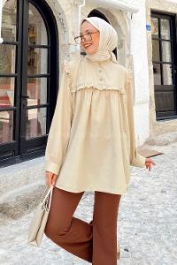 Modalamelif Hakim Yaka Önü Pileli  Tunik Camel