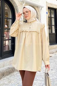 Modalamelif Hakim Yaka Önü Pileli  Tunik Camel