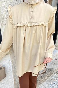 Modalamelif Hakim Yaka Önü Pileli  Tunik Camel