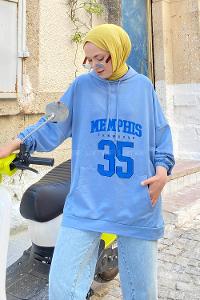 Modalamelif Kapşonlu Memphis Baskılı Sweatshirt Açık Mavi