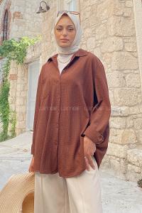 Brown Shirt Collar Long Arm Viscose Fabric Unprinted Shirt
