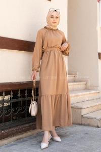 Brown With Milk Foulard Neck Ayrobin Unprinted Dresess