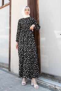 Black Crew Neck Viscose Fabric Printed Dresess