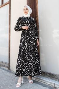 Black Crew Neck Viscose Fabric Printed Dresess