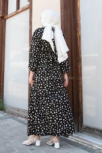 Black Crew Neck Viscose Fabric Printed Dresess