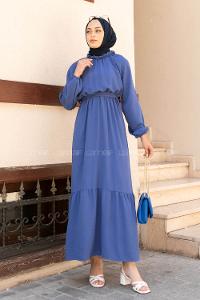 Blue Foulard Neck Ayrobin Unprinted Dresess