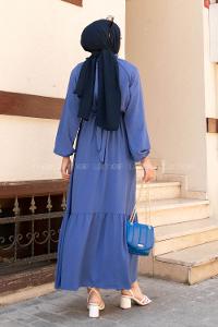Blue Foulard Neck Ayrobin Unprinted Dresess