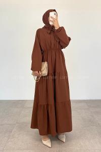 Brown Foulard Neck Cotton Unprinted Dresess