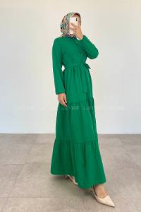 Green Crew Neck Cotton Unprinted Dresess