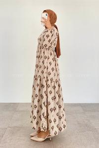 Brown Crew Neck Linen Printed Dresess