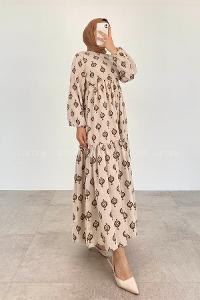 Brown Crew Neck Linen Printed Dresess
