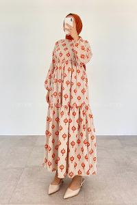 Orange Crew Neck Linen Printed Dresess