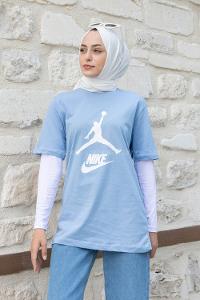 Light Blue Crew Neck Short Arm Cotton Printed T-shirt