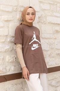 Brown Crew Neck Short Arm Cotton Printed T-shirt