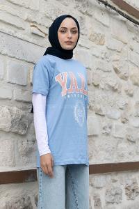 Light Blue Crew Neck Short Arm Cotton Printed T-shirt