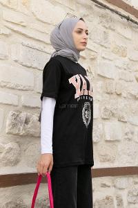 Black Crew Neck Short Arm Cotton Printed T-shirt