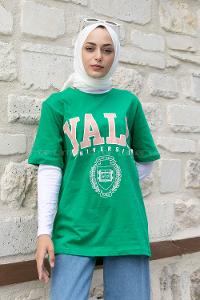 Green Crew Neck Short Arm Cotton Printed T-shirt