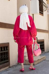 Fuchsia Scarf Neck Balloon Sleeve Arm Belted Cotton Regular Trousers Comfortable Suit