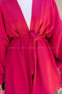 Fuchsia Scarf Neck Balloon Sleeve Arm Belted Cotton Regular Trousers Comfortable Suit