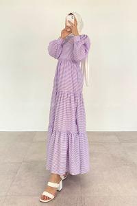 Lilac Crew Neck Cotton Fabric Printed Dresess