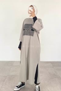 Light Grey Crew Neck Cotton Printed Tunic