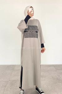 Light Grey Crew Neck Cotton Printed Tunic