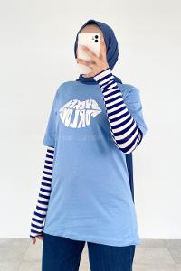Baby Blue Crew Neck Short Arm Cotton Printed T-shirt