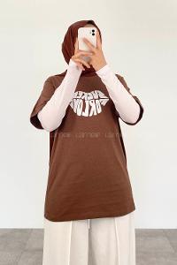 Brown Crew Neck Short Arm Cotton Printed T-shirt
