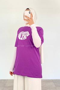 Purble Crew Neck Short Arm Cotton Printed T-shirt