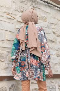 Ecru Orange Mandarin Collar Viscose Fabric Printed Tunic