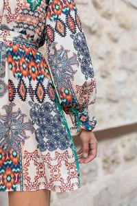 Ecru Orange Mandarin Collar Viscose Fabric Printed Tunic