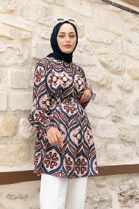 Indigo Powder Mandarin Collar Viscose Fabric Printed Tunic