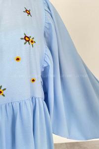 Light Blue Crew Neck Cotton Unprinted Dresess