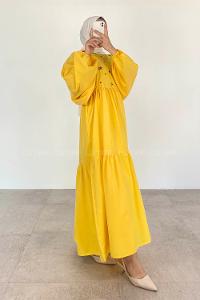 Yellow Crew Neck Cotton Unprinted Dresess