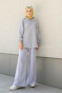 Gray Medium Crew Neck Long Arm Without Accessories Cotton Flared Trousers Comfortable Suit