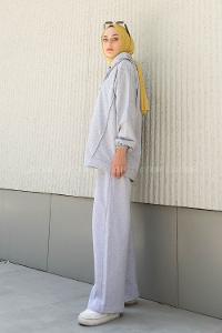 Gray Medium Crew Neck Long Arm Without Accessories Cotton Flared Trousers Comfortable Suit