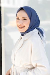 Lamelif Monoğram Eşarp İndigo-Ekru
