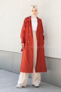 Modalamelif Önü Düğmeli Belden Bağlamalı Trenç Kiremit