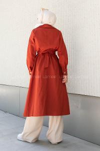 Modalamelif Önü Düğmeli Belden Bağlamalı Trenç Kiremit