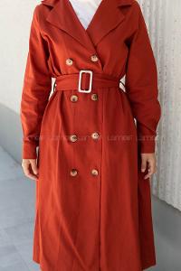 Modalamelif Önü Düğmeli Belden Bağlamalı Trenç Kiremit