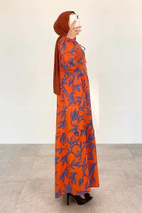 Orange Loose Crew Neck Viscose Fabric Printed Dresess
