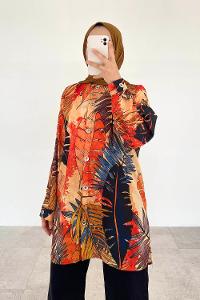 Modalamelif Yaprak Desen Dijital Baskı Gömlek Hardal Sarısı