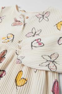 Cream Crew Neck Cotton Fabric Printed Dresess