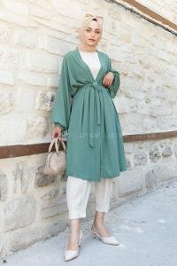 Plum Green Bat Sleeve Arm Without Accessories Viscose Fabric Straight Kimono