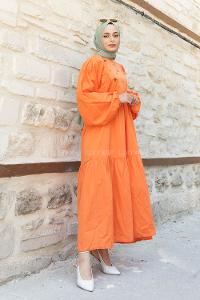 Modalamelif Nakış Detaylı Balon Elbise Oranj